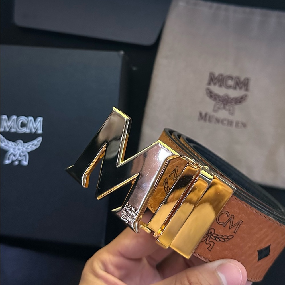 MCM Men's Belt with Gold Buckle and Tan Leather